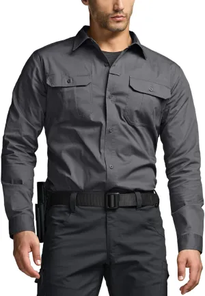 CQR Men's Long Sleeve Tactical Shirts, Ripstop Military Work Shirts, UPF 50  Breathable Button Down Outdoor Hiking Shirt