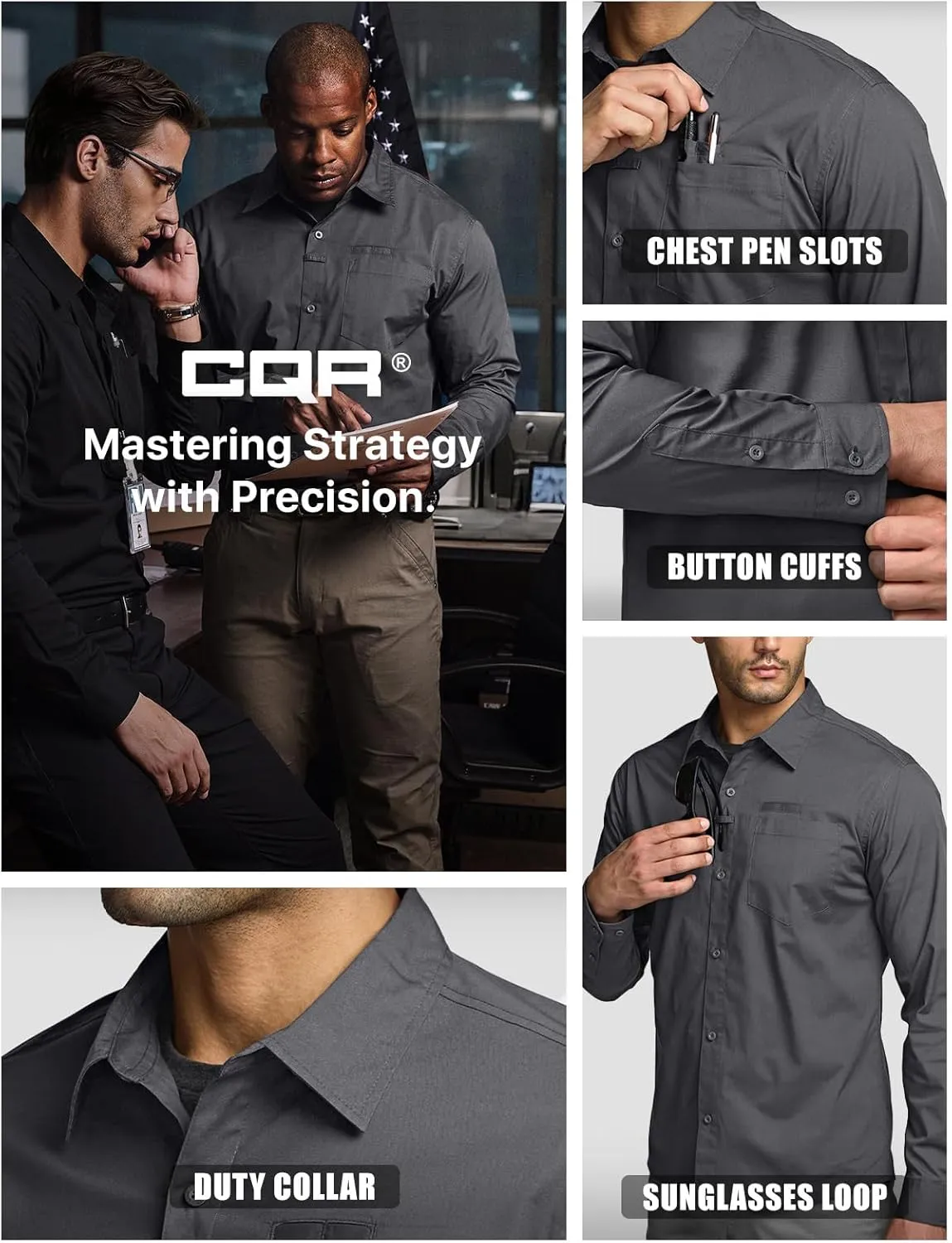 CQR Men's Long Sleeve Tactical Shirts, Ripstop Military Work Shirts, UPF 50  Breathable Button Down Outdoor Hiking Shirt