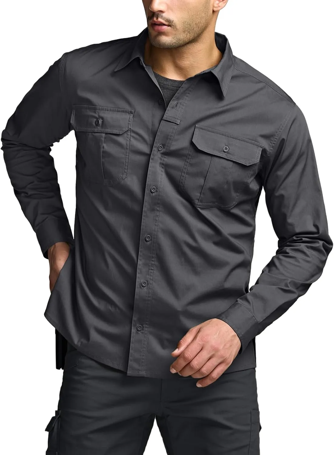 CQR Men's Long Sleeve Tactical Shirts, Ripstop Military Work Shirts, UPF 50  Breathable Button Down Outdoor Hiking Shirt