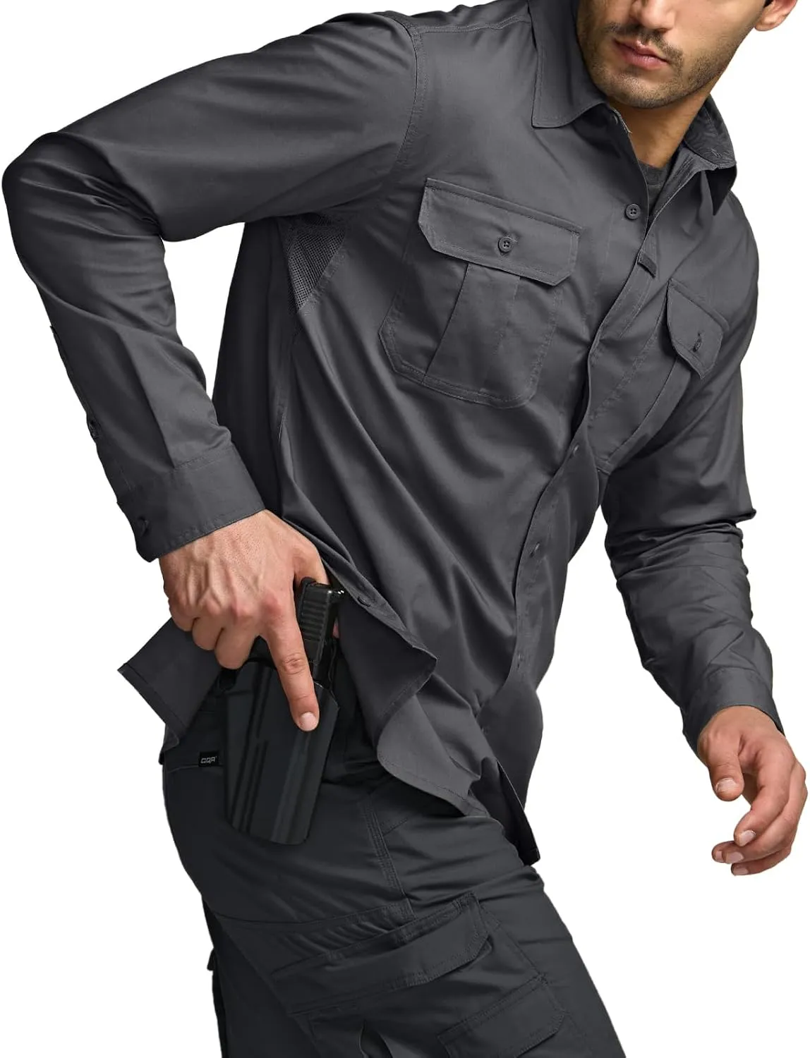 CQR Men's Long Sleeve Tactical Shirts, Ripstop Military Work Shirts, UPF 50  Breathable Button Down Outdoor Hiking Shirt