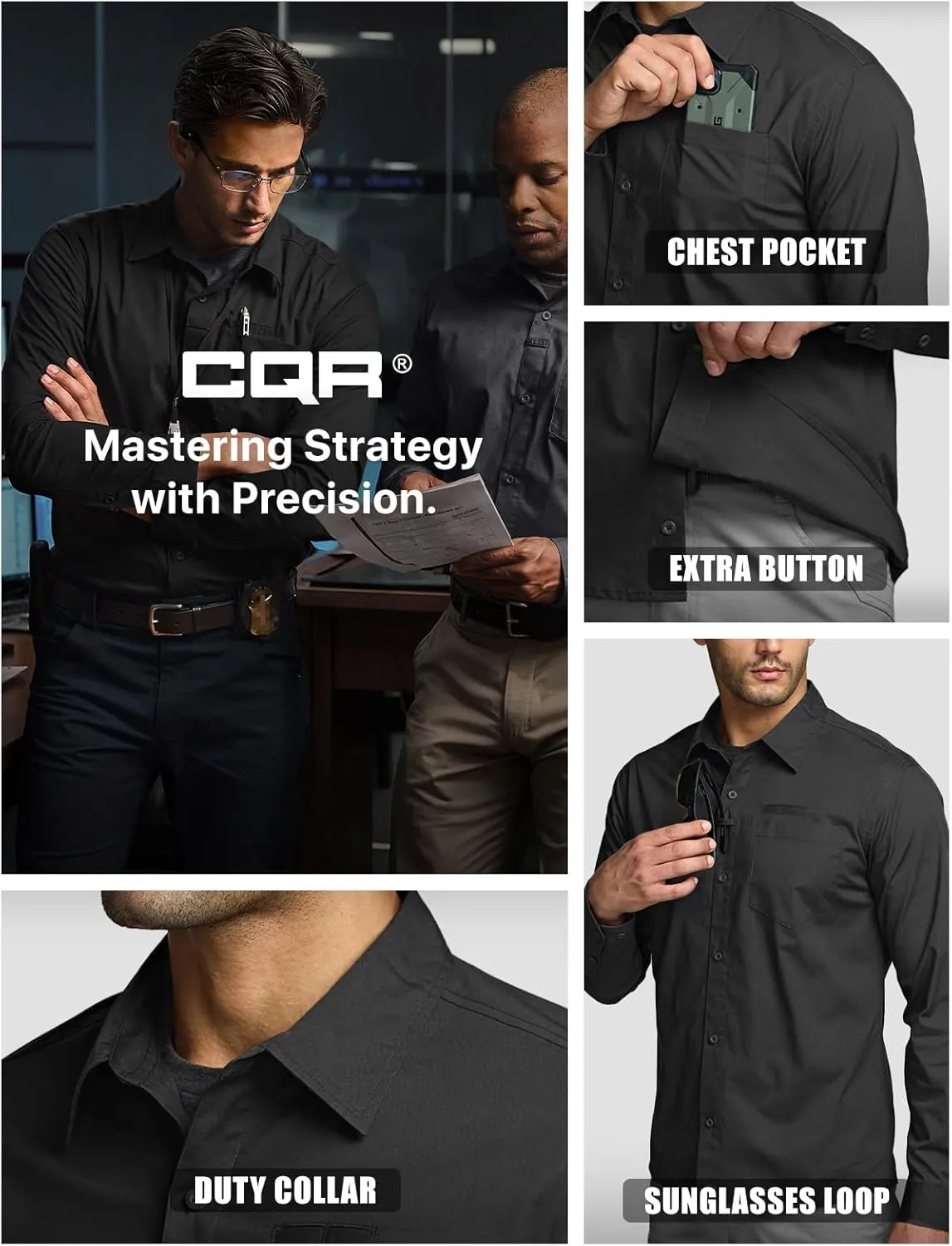 CQR Men's Long Sleeve Tactical Shirts, Ripstop Military Work Shirts, UPF 50  Breathable Button Down Outdoor Hiking Shirt