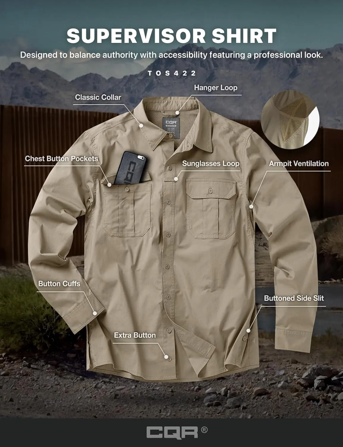 CQR Men's Long Sleeve Tactical Shirts, Ripstop Military Work Shirts, UPF 50  Breathable Button Down Outdoor Hiking Shirt