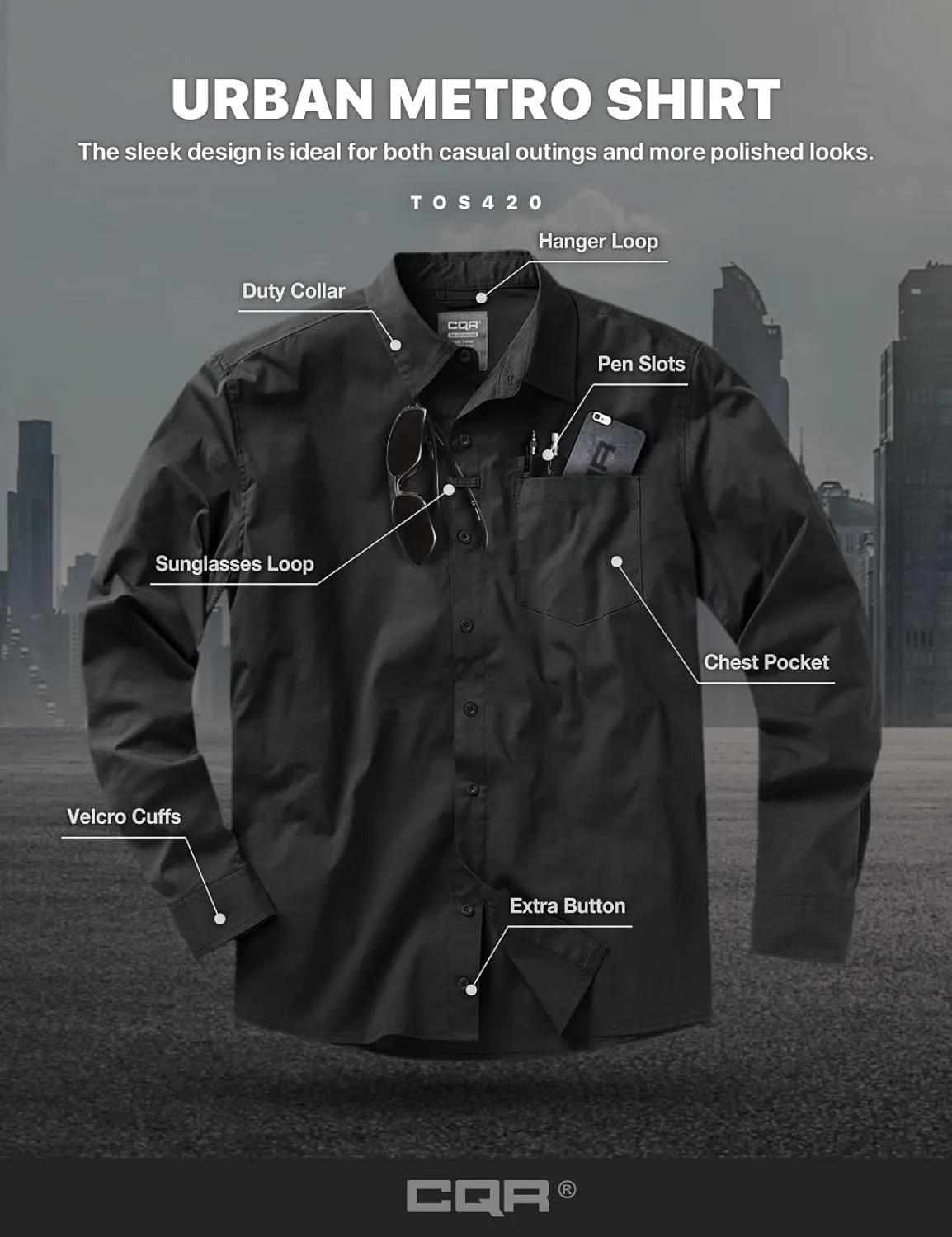 CQR Men's Long Sleeve Tactical Shirts, Ripstop Military Work Shirts, UPF 50  Breathable Button Down Outdoor Hiking Shirt