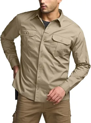 CQR Men's Long Sleeve Tactical Shirts, Ripstop Military Work Shirts, UPF 50  Breathable Button Down Outdoor Hiking Shirt