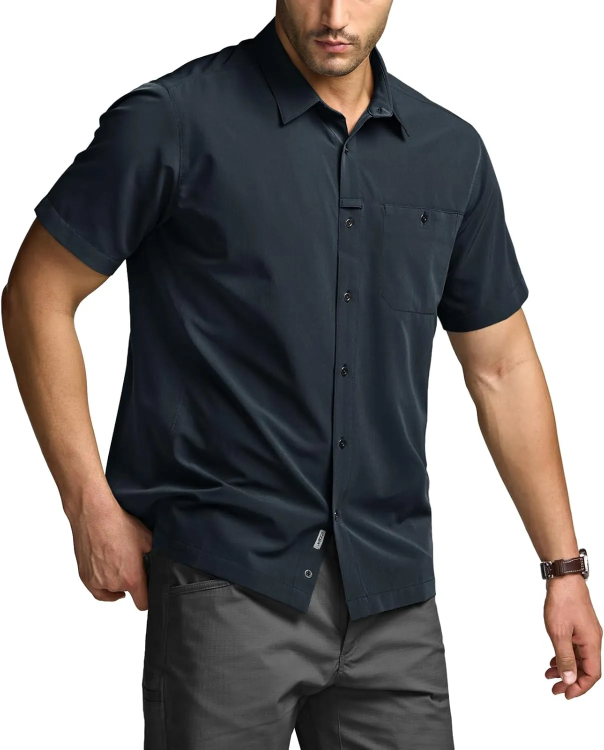 CQR Men's Short Sleeve Tactical Shirts, UPF 50  Ripstop Military Work Shirts, Breathable Button Down Outdoor Hiking Shirt