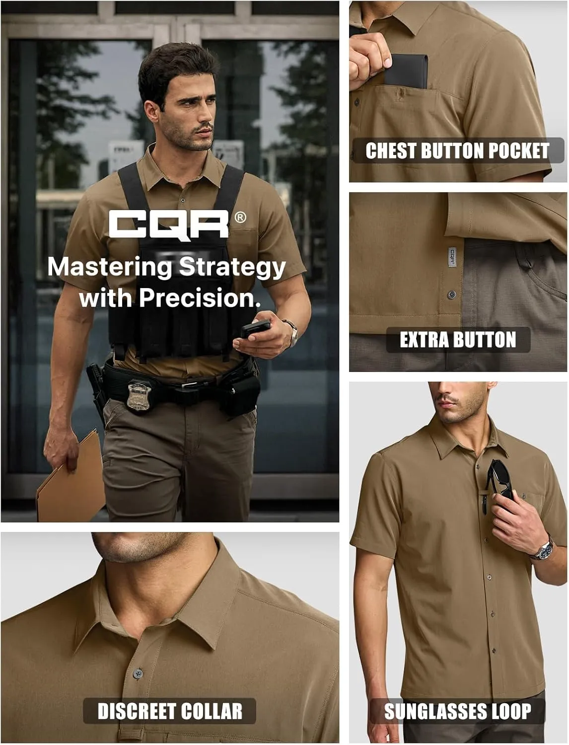 CQR Men's Short Sleeve Tactical Shirts, UPF 50  Ripstop Military Work Shirts, Breathable Button Down Outdoor Hiking Shirt