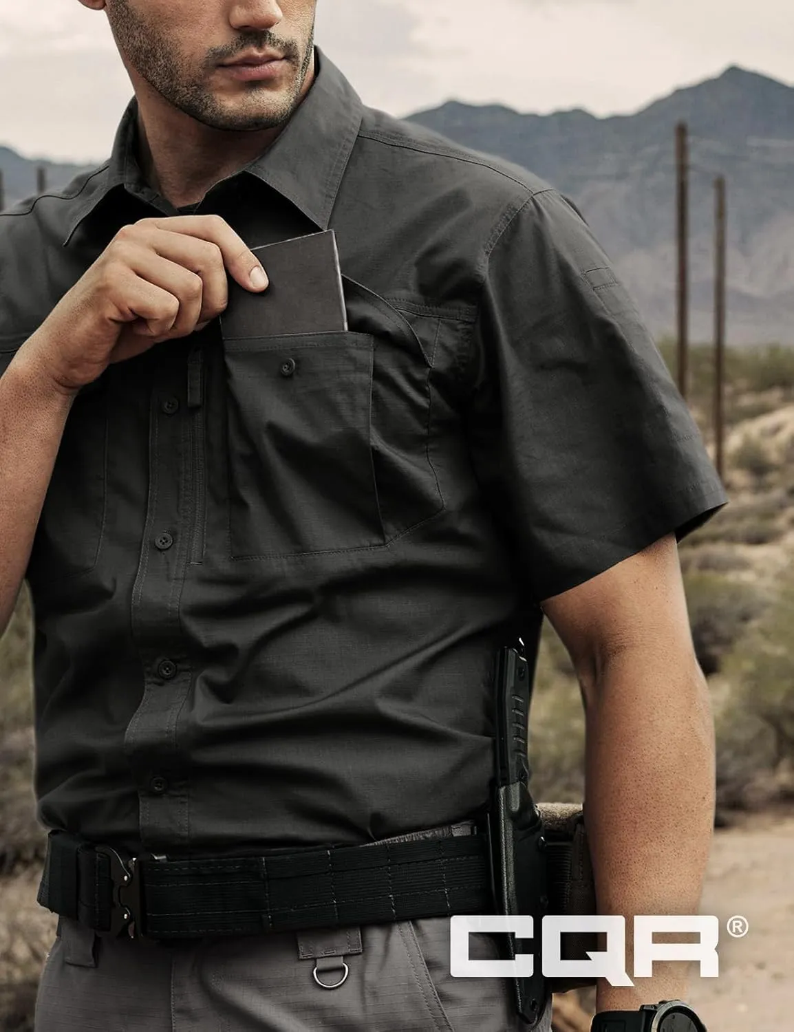 CQR Men's Short Sleeve Tactical Shirts, UPF 50  Ripstop Military Work Shirts, Breathable Button Down Outdoor Hiking Shirt