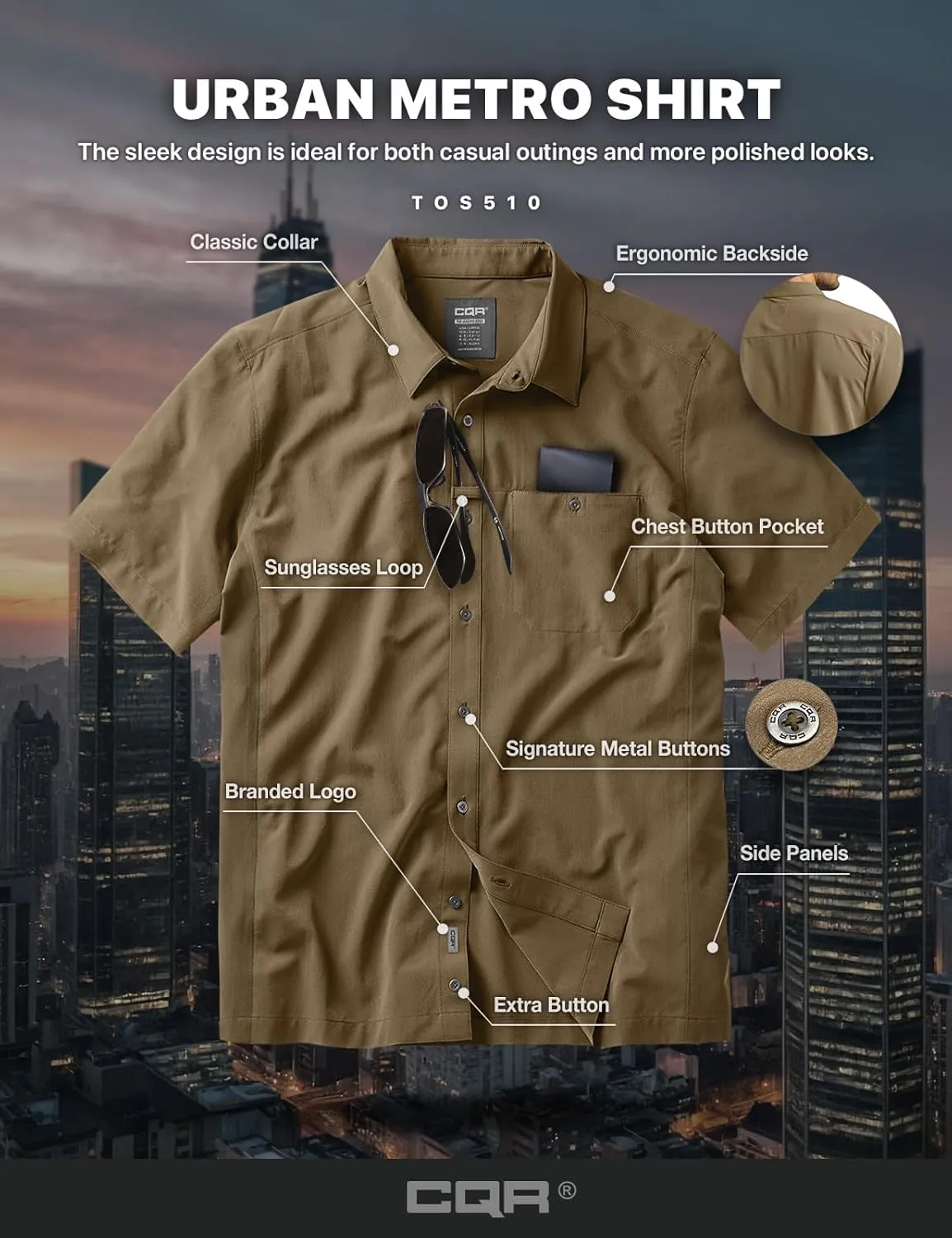 CQR Men's Short Sleeve Tactical Shirts, UPF 50  Ripstop Military Work Shirts, Breathable Button Down Outdoor Hiking Shirt