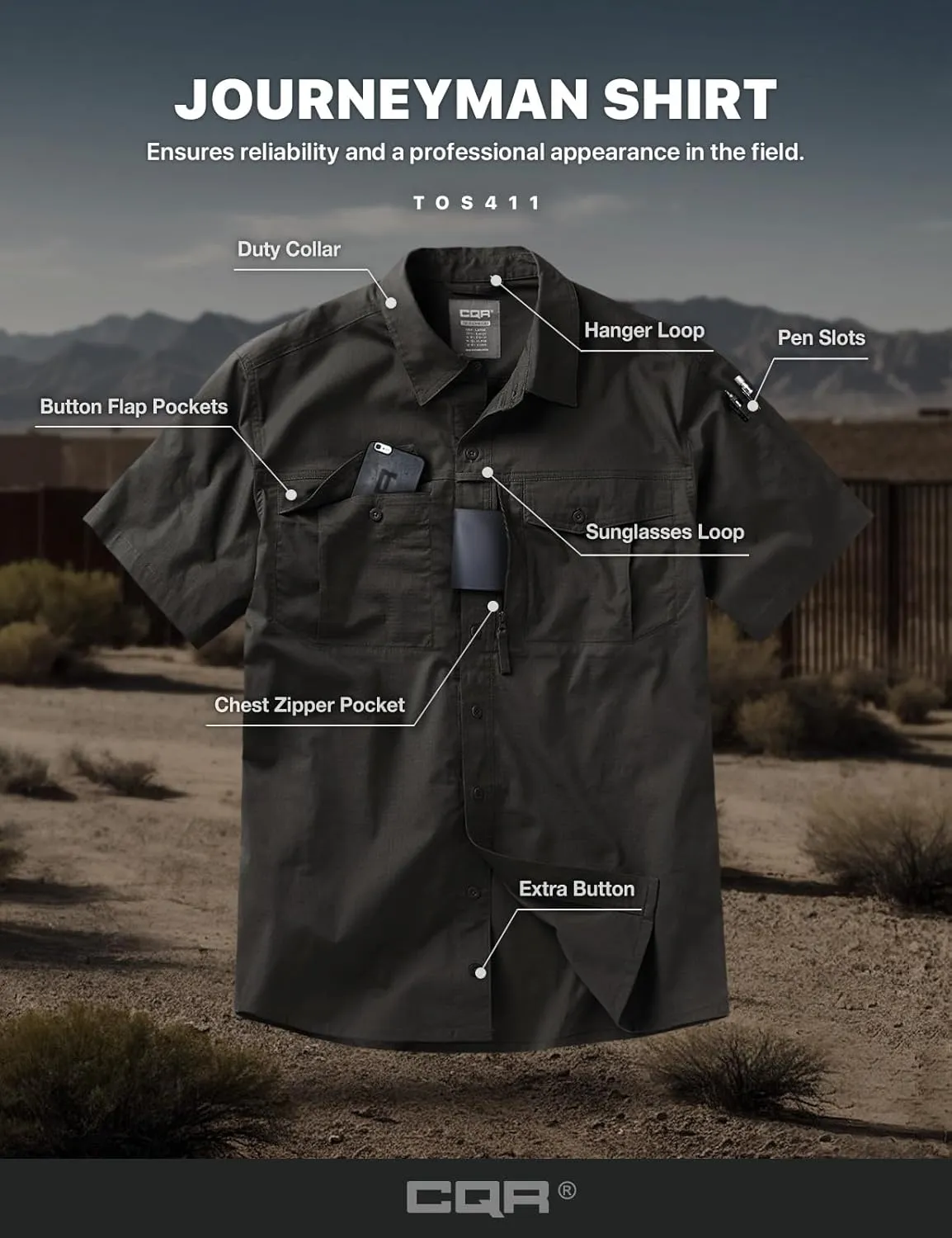 CQR Men's Short Sleeve Tactical Shirts, UPF 50  Ripstop Military Work Shirts, Breathable Button Down Outdoor Hiking Shirt