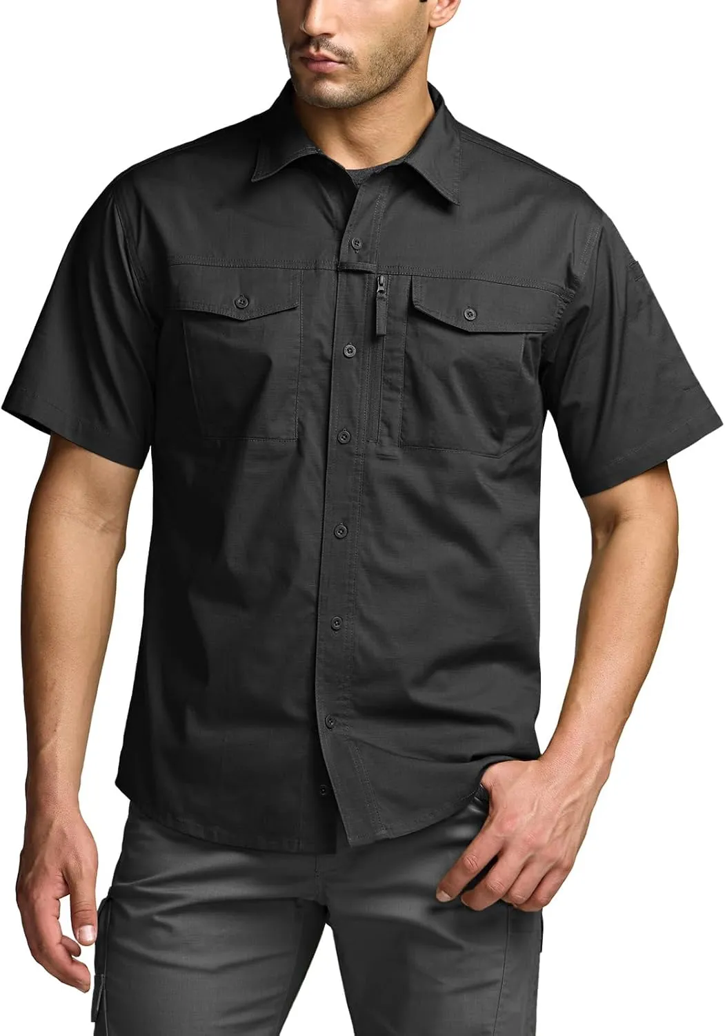 CQR Men's Short Sleeve Tactical Shirts, UPF 50  Ripstop Military Work Shirts, Breathable Button Down Outdoor Hiking Shirt