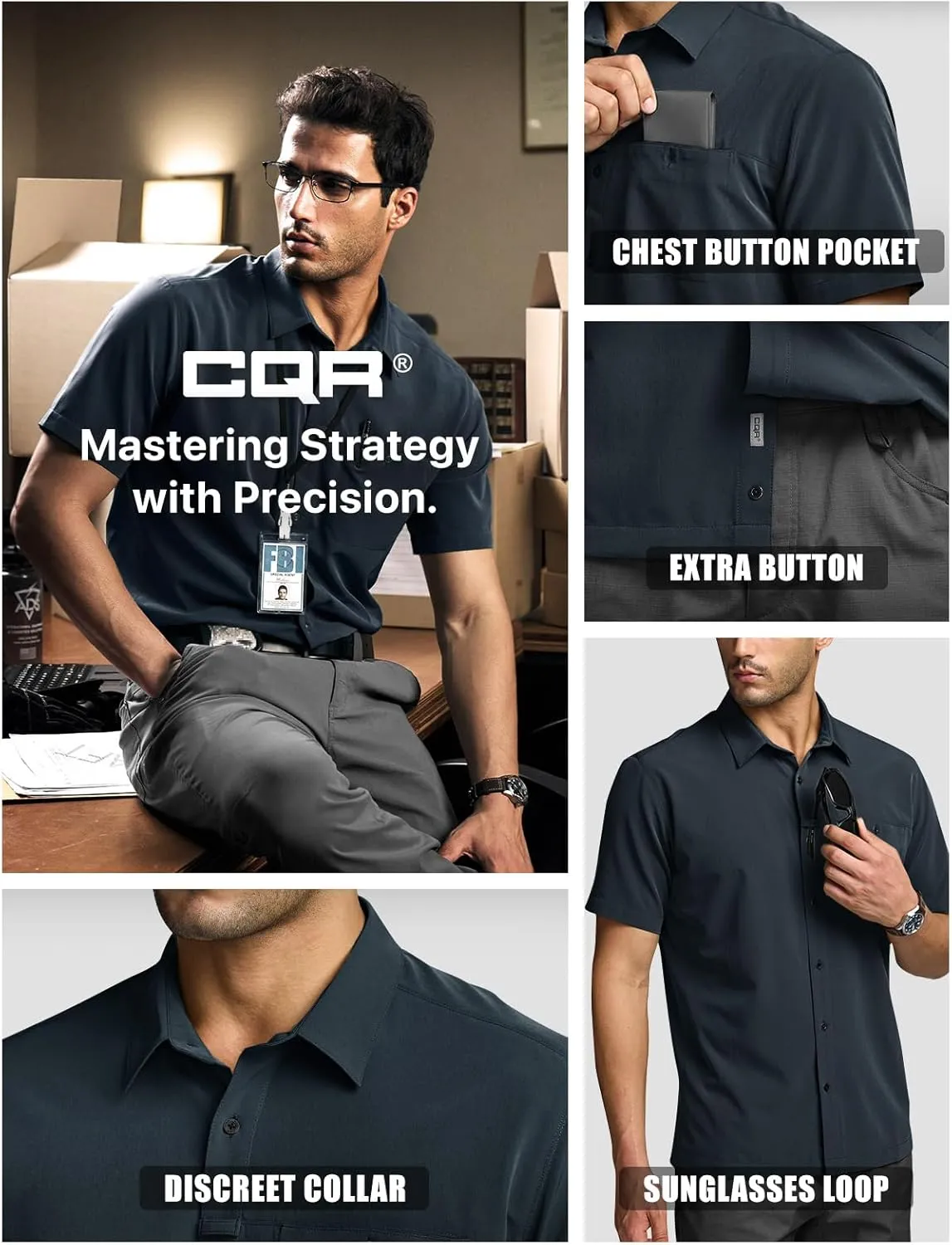 CQR Men's Short Sleeve Tactical Shirts, UPF 50  Ripstop Military Work Shirts, Breathable Button Down Outdoor Hiking Shirt