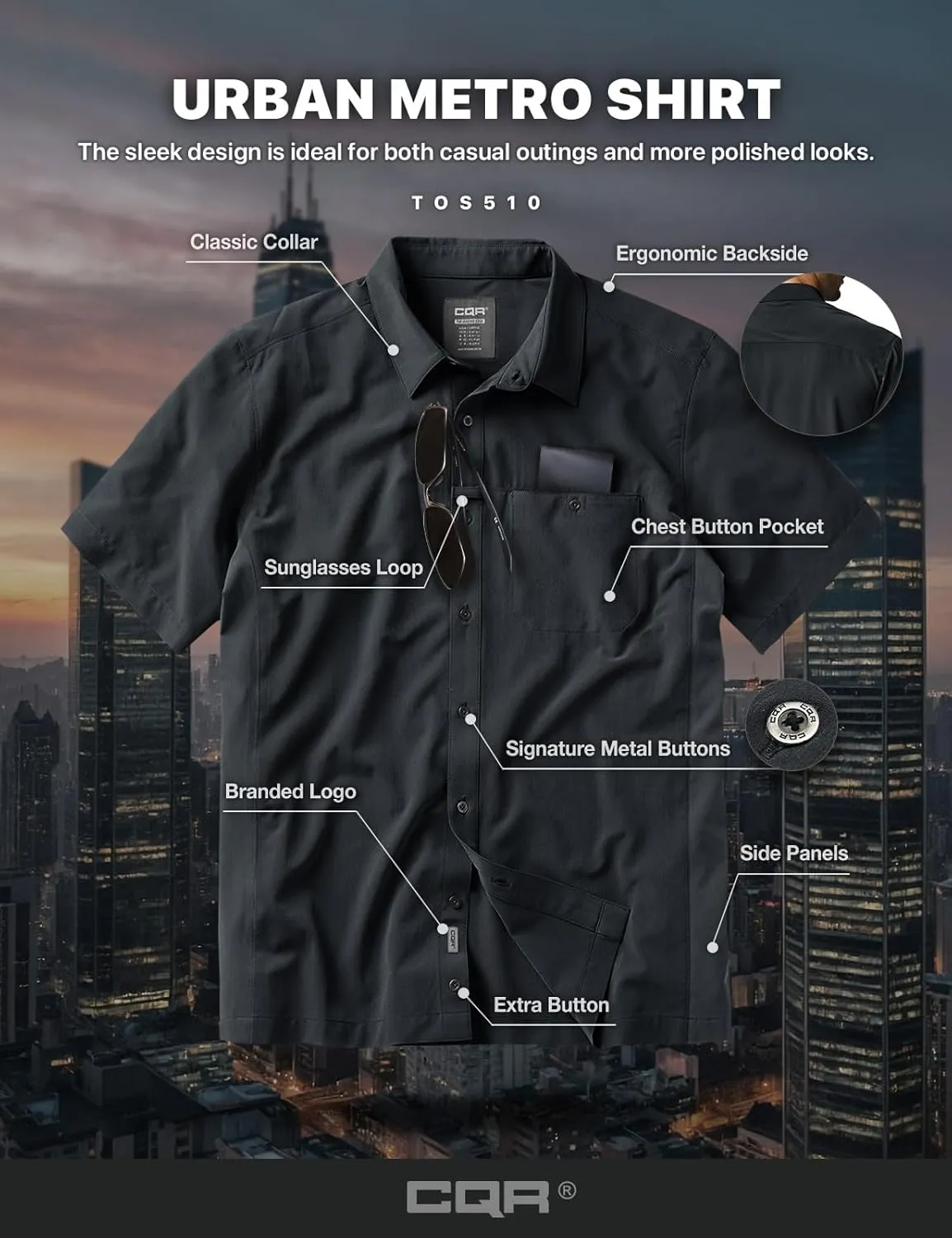 CQR Men's Short Sleeve Tactical Shirts, UPF 50  Ripstop Military Work Shirts, Breathable Button Down Outdoor Hiking Shirt