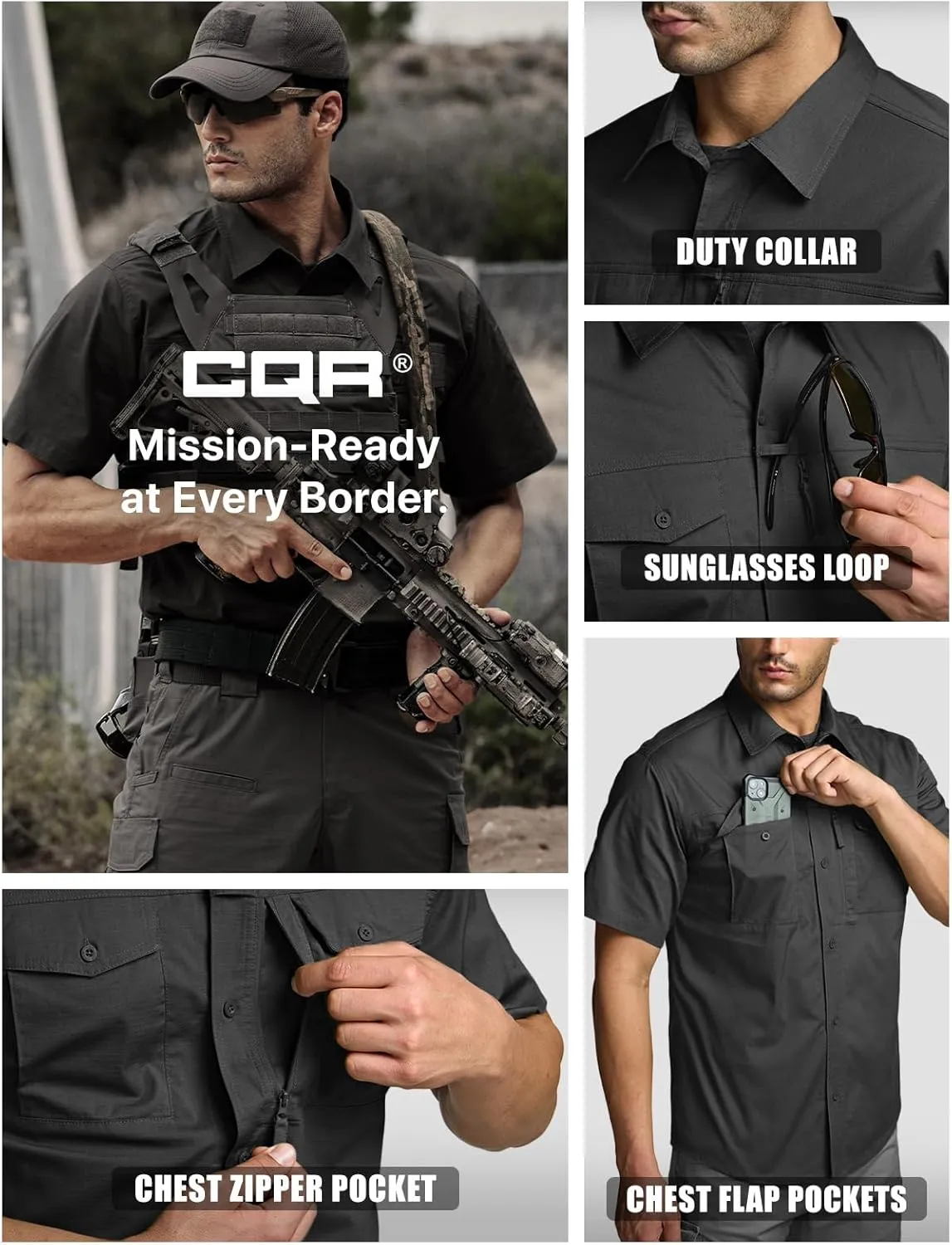 CQR Men's Short Sleeve Tactical Shirts, UPF 50  Ripstop Military Work Shirts, Breathable Button Down Outdoor Hiking Shirt