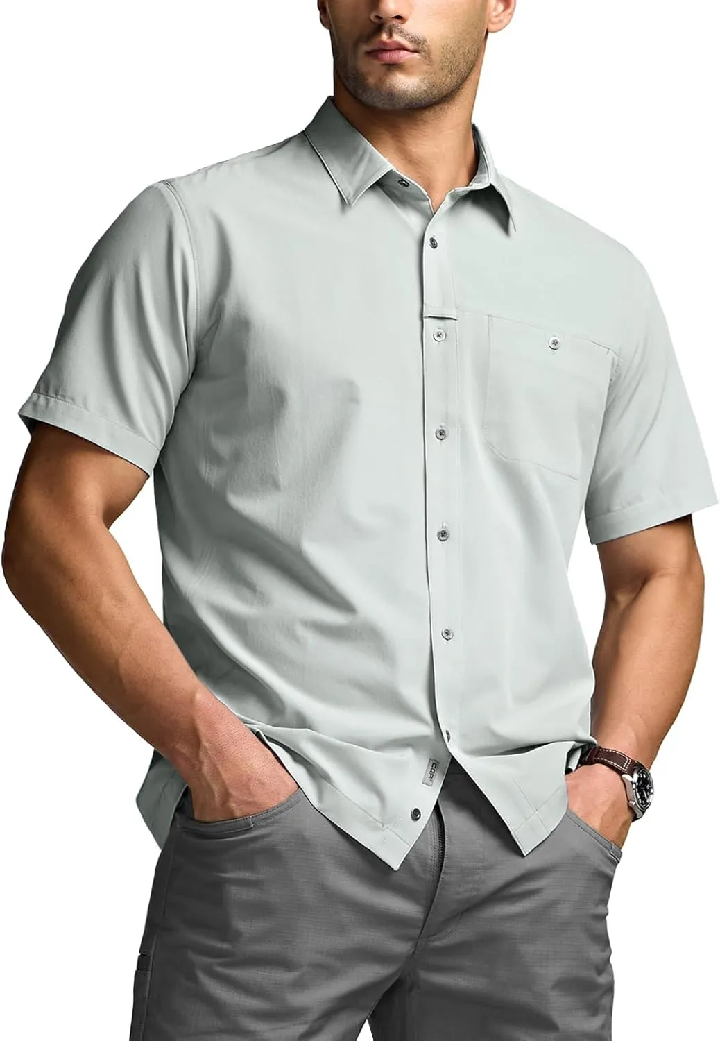 CQR Men's Short Sleeve Tactical Shirts, UPF 50  Ripstop Military Work Shirts, Breathable Button Down Outdoor Hiking Shirt