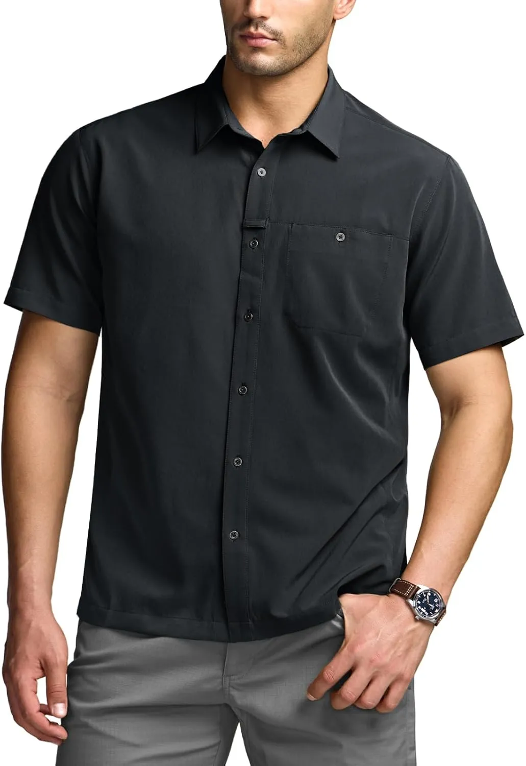 CQR Men's Short Sleeve Tactical Shirts, UPF 50  Ripstop Military Work Shirts, Breathable Button Down Outdoor Hiking Shirt