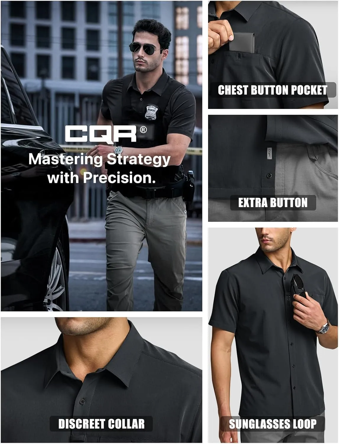 CQR Men's Short Sleeve Tactical Shirts, UPF 50  Ripstop Military Work Shirts, Breathable Button Down Outdoor Hiking Shirt