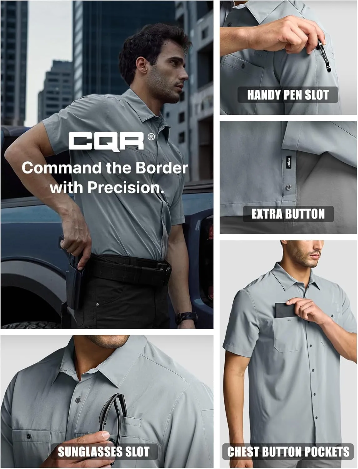 CQR Men's Short Sleeve Tactical Shirts, UPF 50  Ripstop Military Work Shirts, Breathable Button Down Outdoor Hiking Shirt