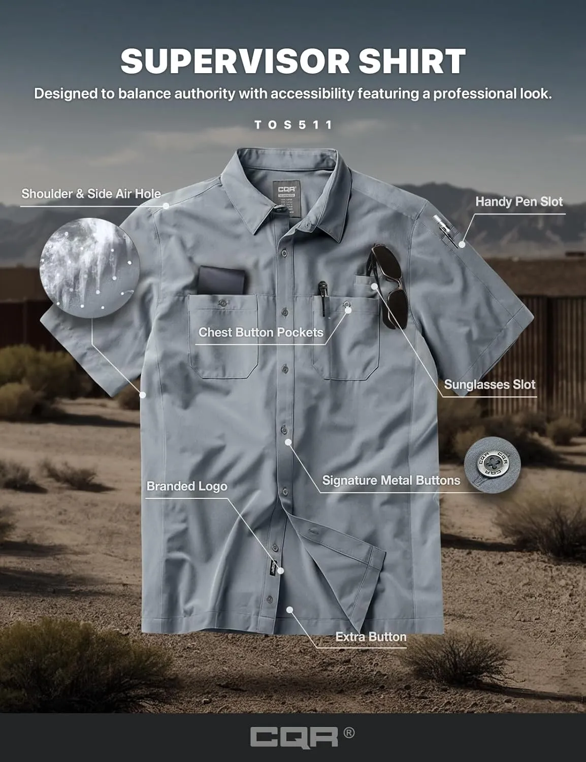 CQR Men's Short Sleeve Tactical Shirts, UPF 50  Ripstop Military Work Shirts, Breathable Button Down Outdoor Hiking Shirt