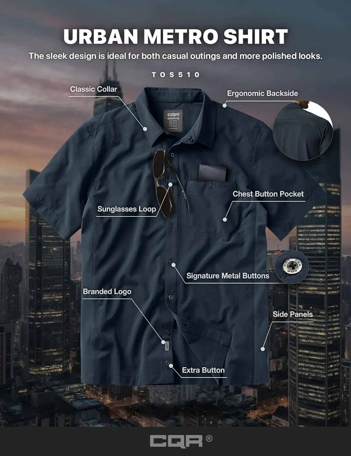 CQR Men's Short Sleeve Tactical Shirts, UPF 50  Ripstop Military Work Shirts, Breathable Button Down Outdoor Hiking Shirt
