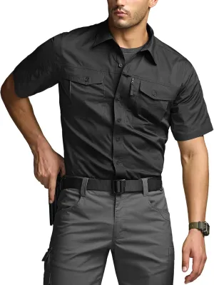 CQR Men's Short Sleeve Tactical Shirts, UPF 50  Ripstop Military Work Shirts, Breathable Button Down Outdoor Hiking Shirt