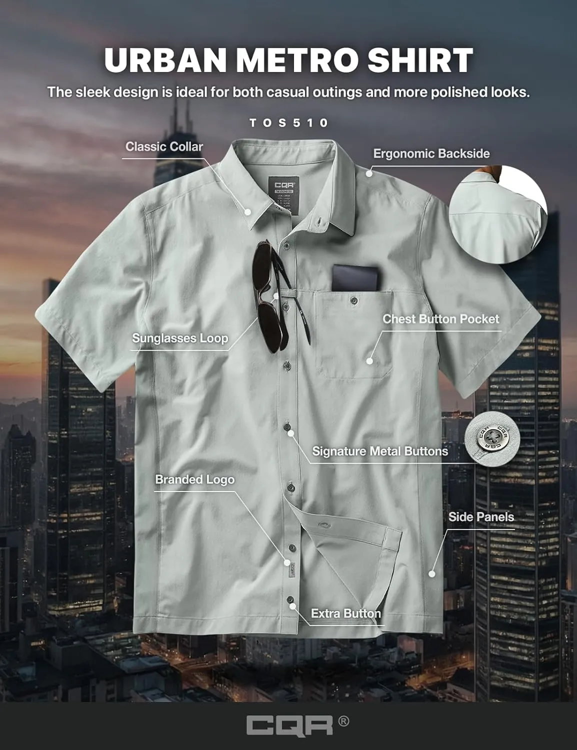CQR Men's Short Sleeve Tactical Shirts, UPF 50  Ripstop Military Work Shirts, Breathable Button Down Outdoor Hiking Shirt