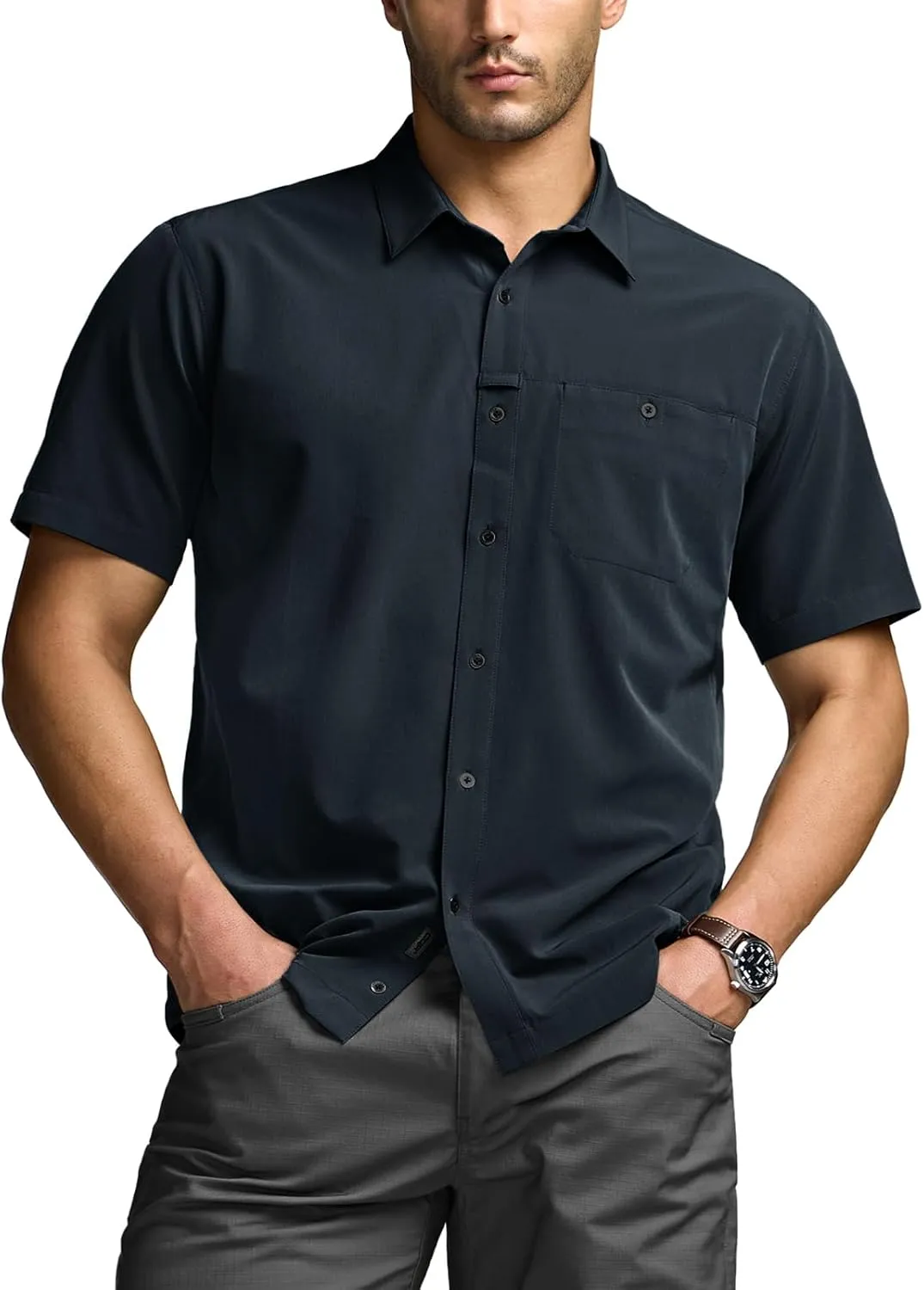 CQR Men's Short Sleeve Tactical Shirts, UPF 50  Ripstop Military Work Shirts, Breathable Button Down Outdoor Hiking Shirt