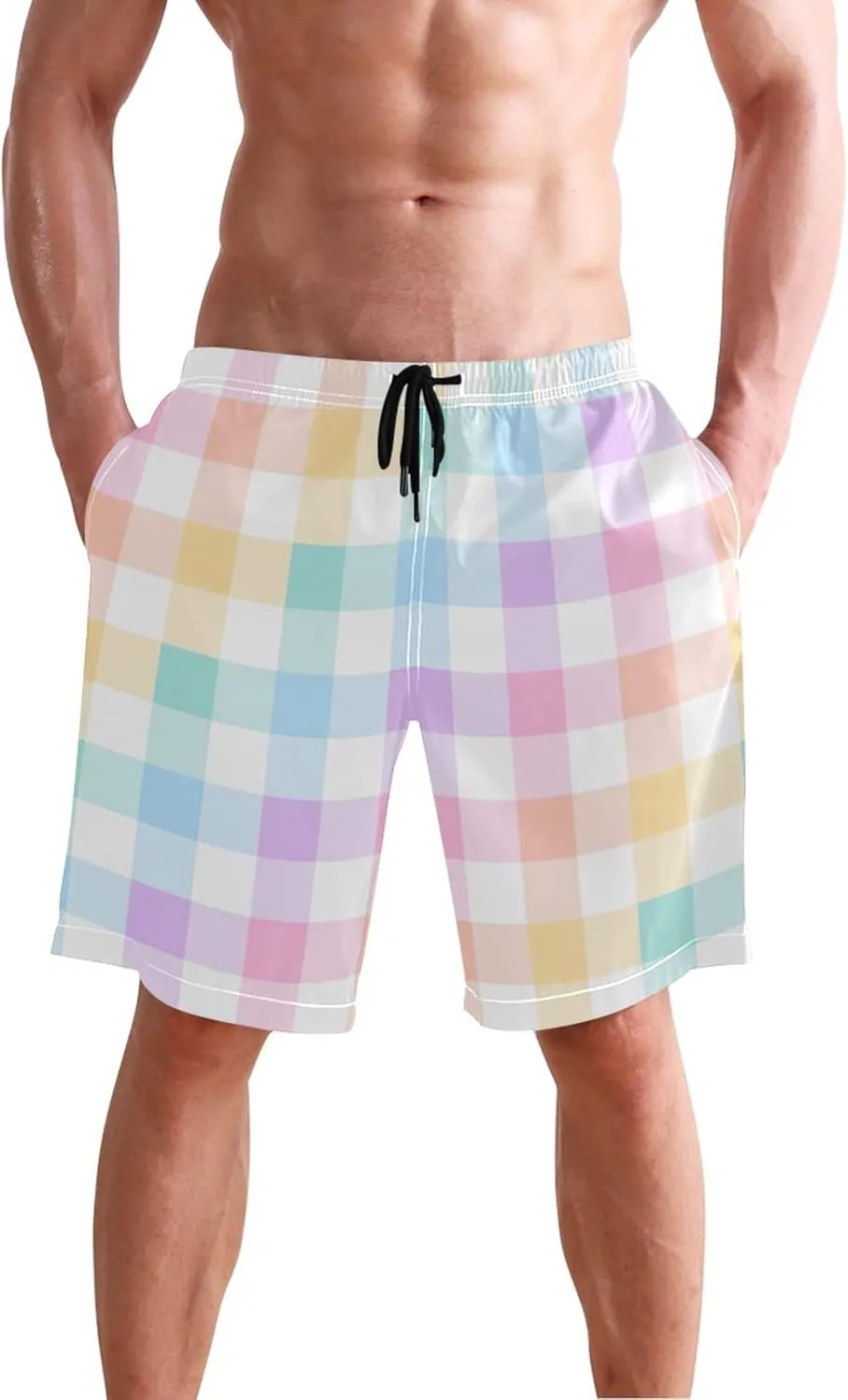 Custom Swim Trunks for Men Blue Pink White Tartan Plaid Swimming Shorts Beach Quick Dry Bathing Suits S