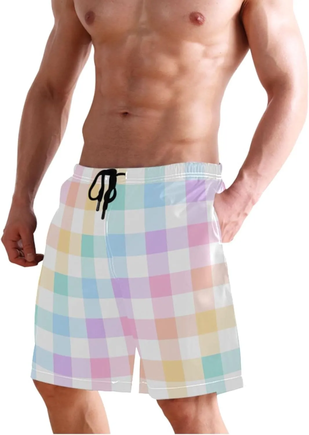 Custom Swim Trunks for Men Blue Pink White Tartan Plaid Swimming Shorts Beach Quick Dry Bathing Suits S