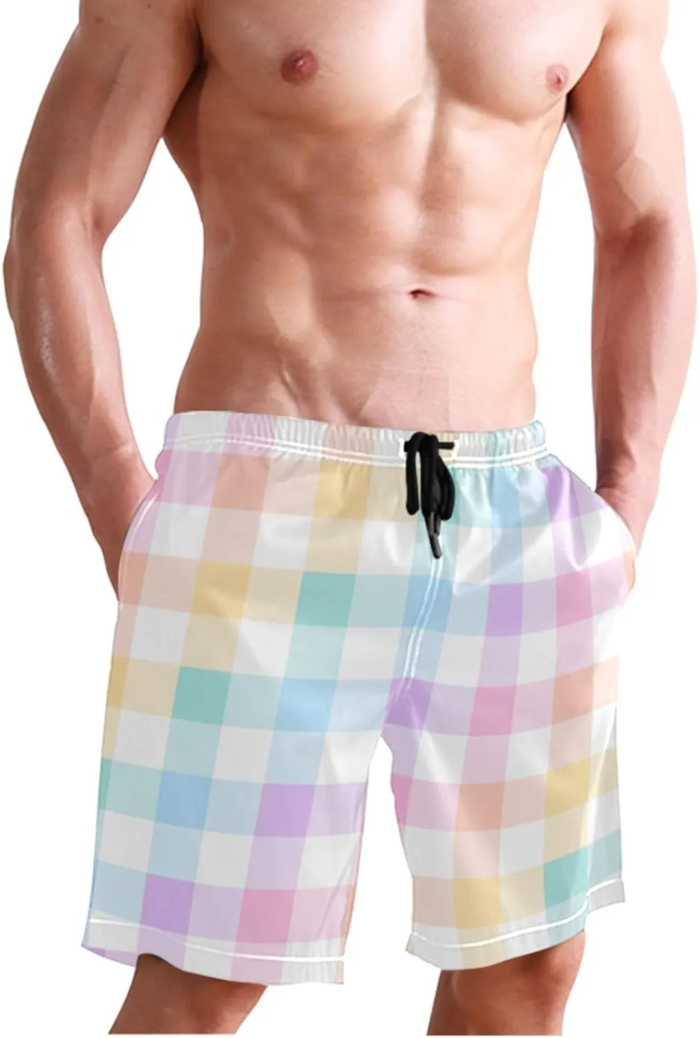 Custom Swim Trunks for Men Blue Pink White Tartan Plaid Swimming Shorts Beach Quick Dry Bathing Suits S