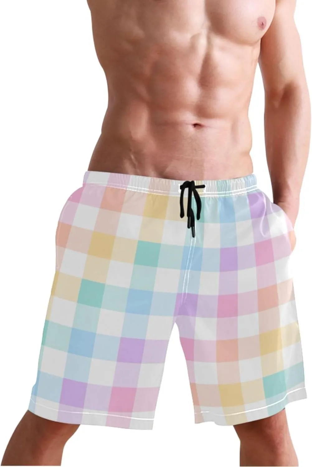Custom Swim Trunks for Men Blue Pink White Tartan Plaid Swimming Shorts Beach Quick Dry Bathing Suits S