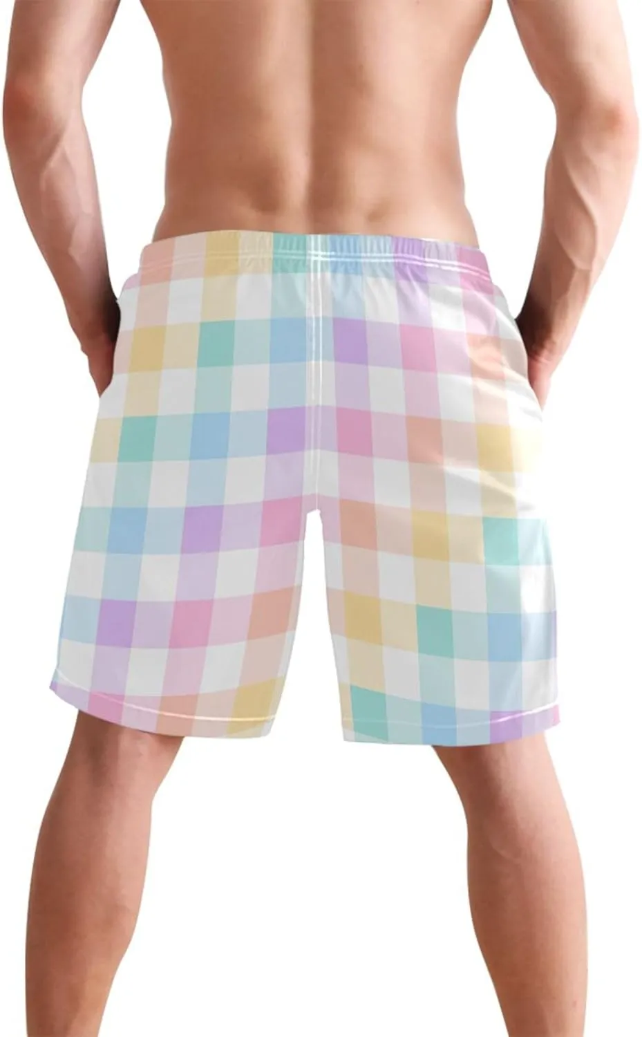Custom Swim Trunks for Men Blue Pink White Tartan Plaid Swimming Shorts Beach Quick Dry Bathing Suits S