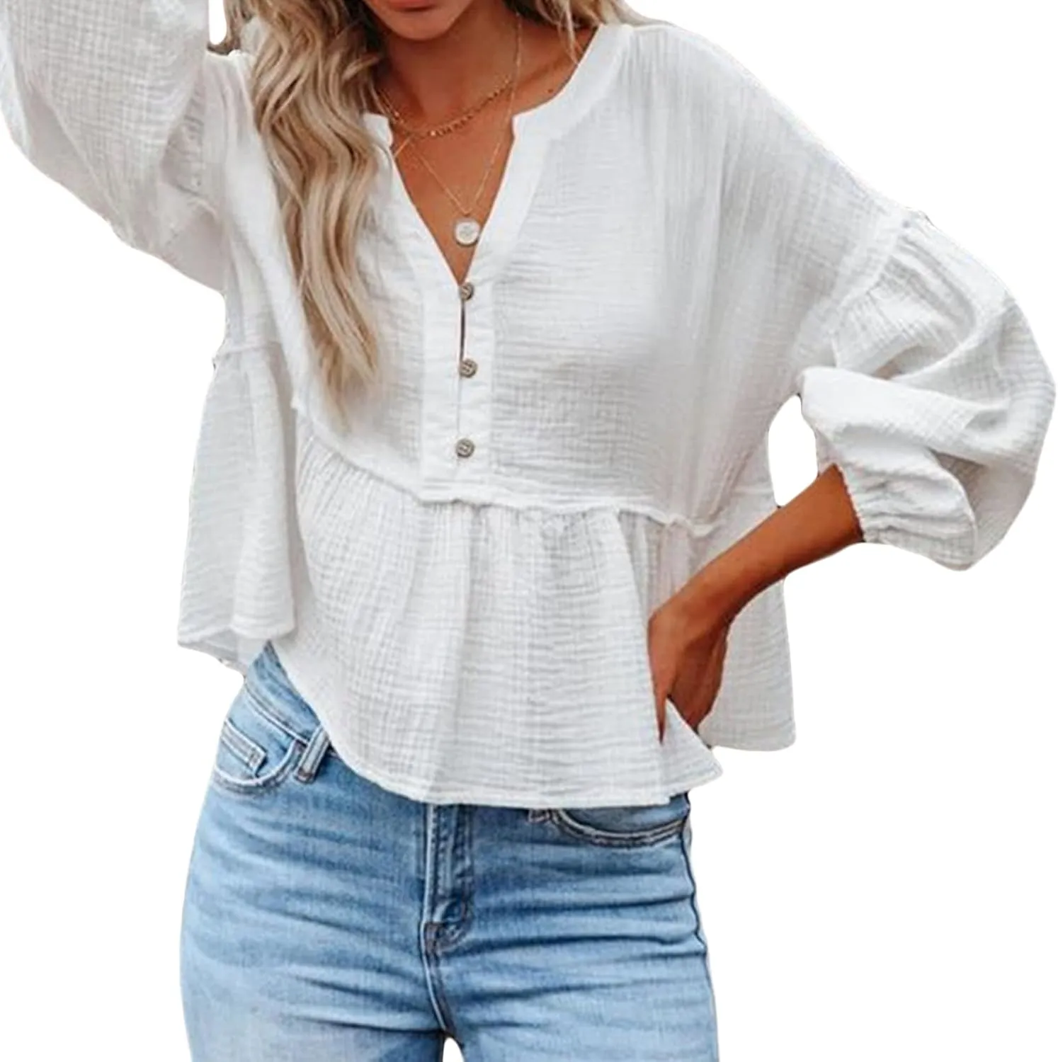 DGHM-JLMY Women's V-Neck Lantern Sleeve Pullover Top Elegant Puff Long Sleeve Top Blouses Casual Balloon Sleeve Shirts Tops