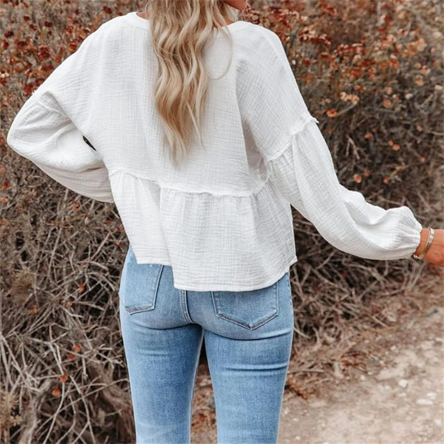 DGHM-JLMY Women's V-Neck Lantern Sleeve Pullover Top Elegant Puff Long Sleeve Top Blouses Casual Balloon Sleeve Shirts Tops