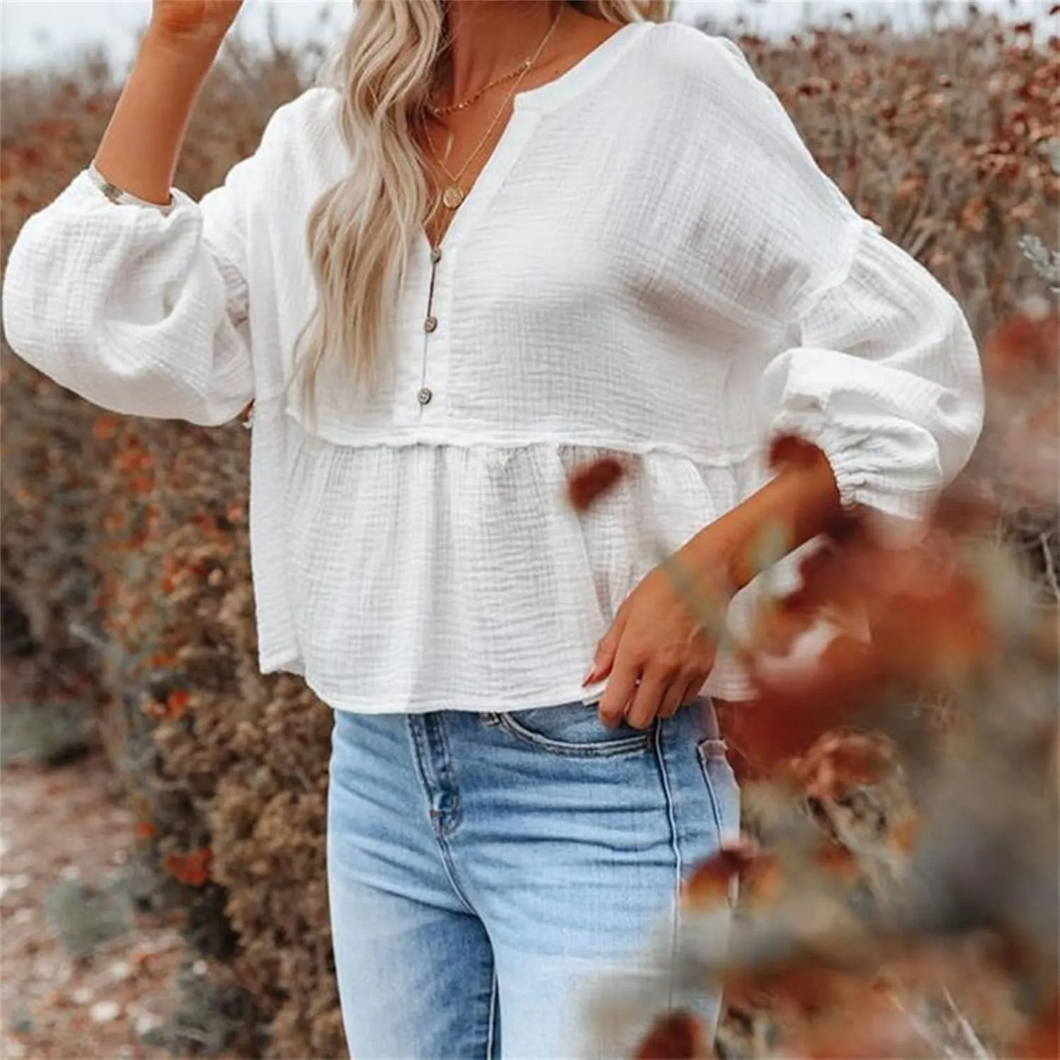 DGHM-JLMY Women's V-Neck Lantern Sleeve Pullover Top Elegant Puff Long Sleeve Top Blouses Casual Balloon Sleeve Shirts Tops