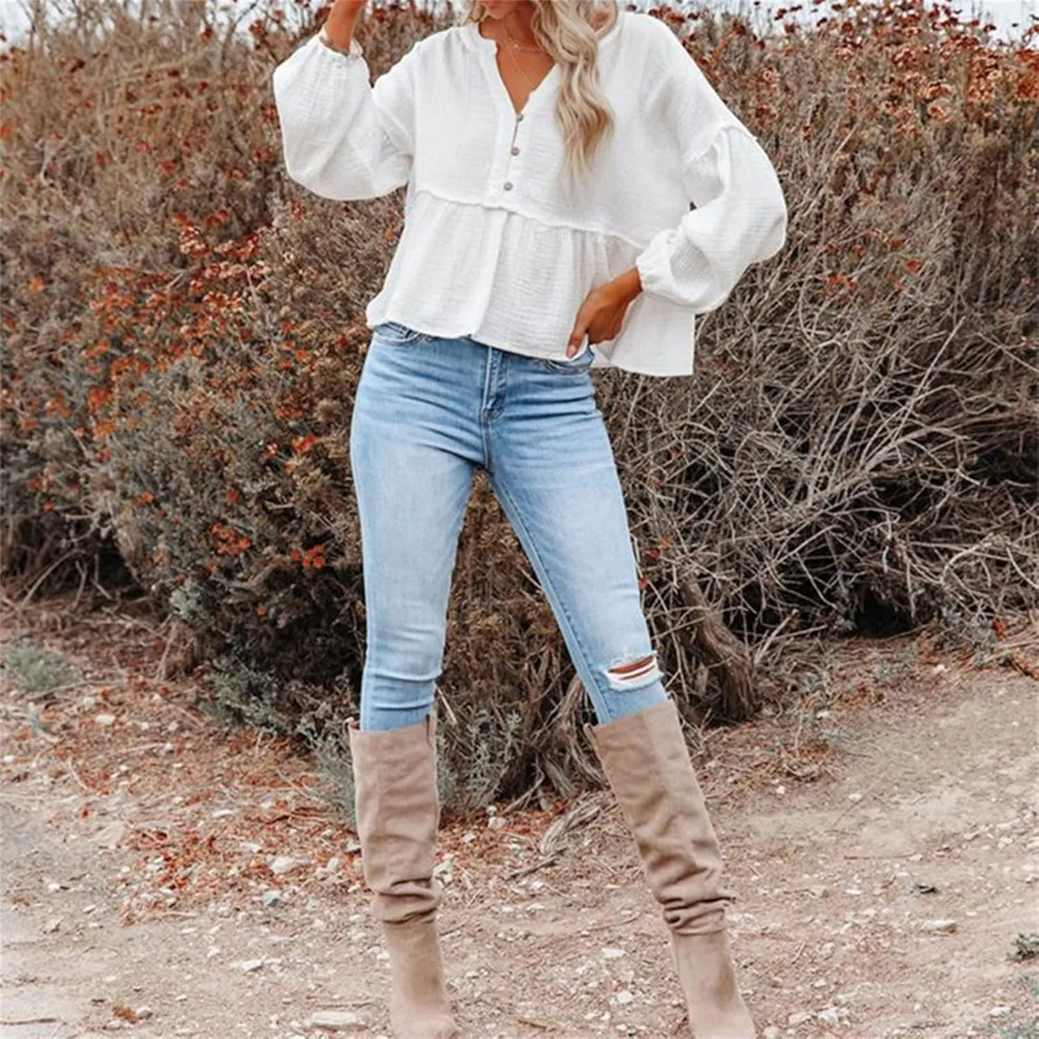 DGHM-JLMY Women's V-Neck Lantern Sleeve Pullover Top Elegant Puff Long Sleeve Top Blouses Casual Balloon Sleeve Shirts Tops