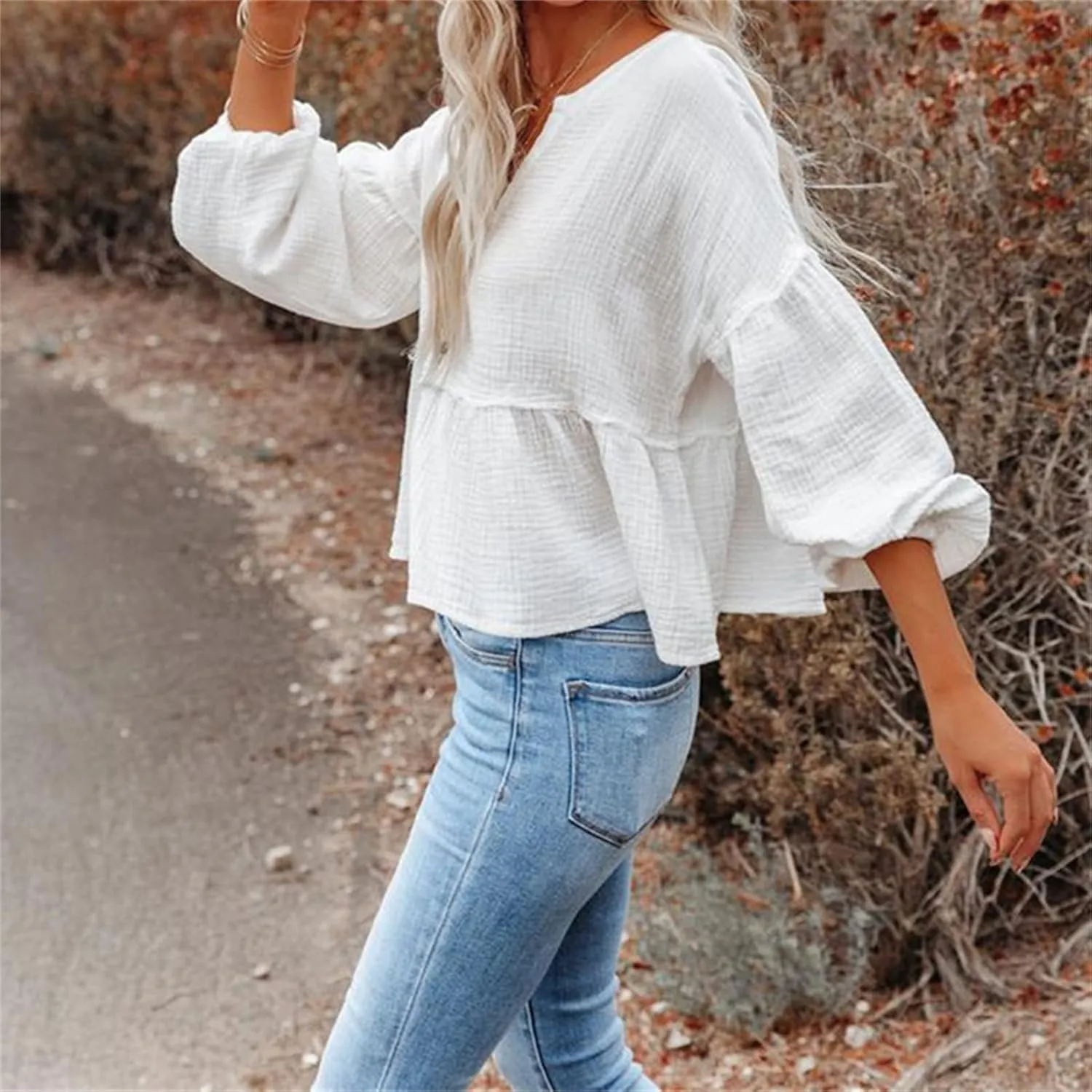 DGHM-JLMY Women's V-Neck Lantern Sleeve Pullover Top Elegant Puff Long Sleeve Top Blouses Casual Balloon Sleeve Shirts Tops