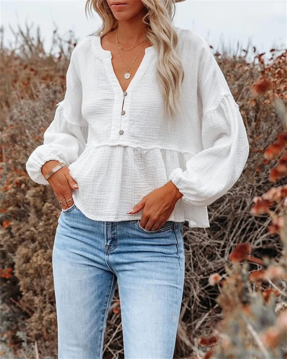 DGHM-JLMY Women's V-Neck Lantern Sleeve Pullover Top Elegant Puff Long Sleeve Top Blouses Casual Balloon Sleeve Shirts Tops