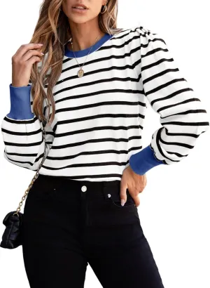 Dokotoo Women's Striped Sweaters Puff Long Sleeve Crewneck Ribbed Knit Pullover Jumper Tops