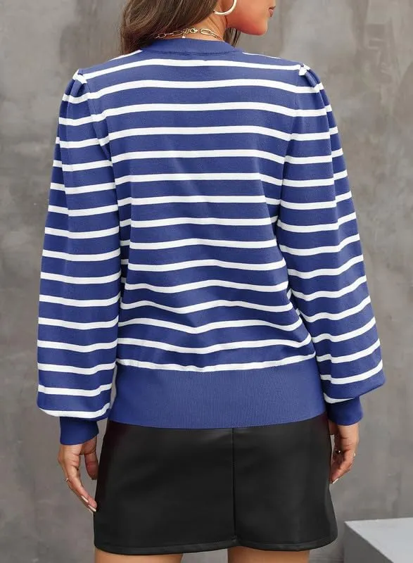 Dokotoo Women's Striped Sweaters Puff Long Sleeve Crewneck Ribbed Knit Pullover Jumper Tops