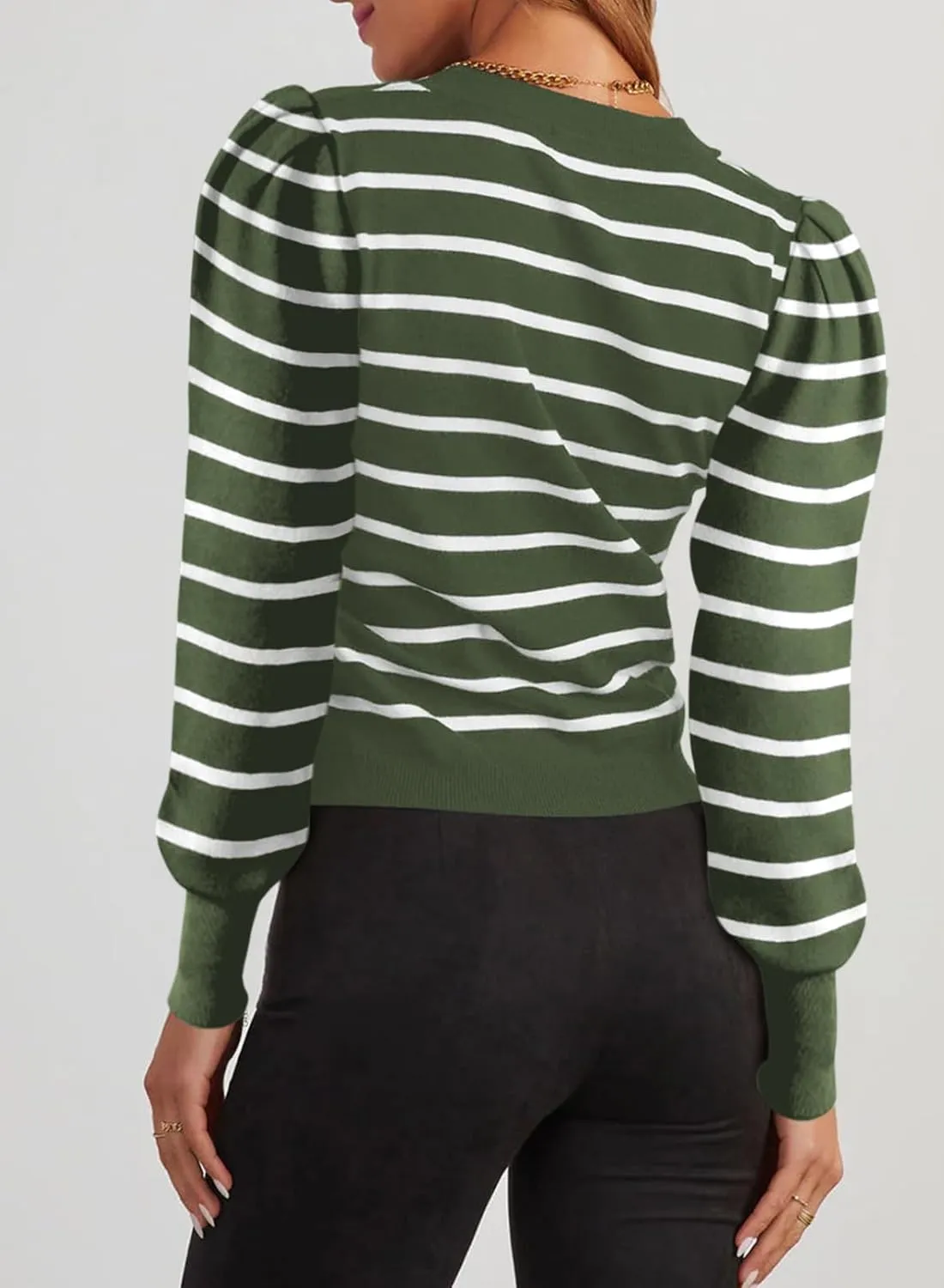 Dokotoo Women's Striped Sweaters Puff Long Sleeve Crewneck Ribbed Knit Pullover Jumper Tops