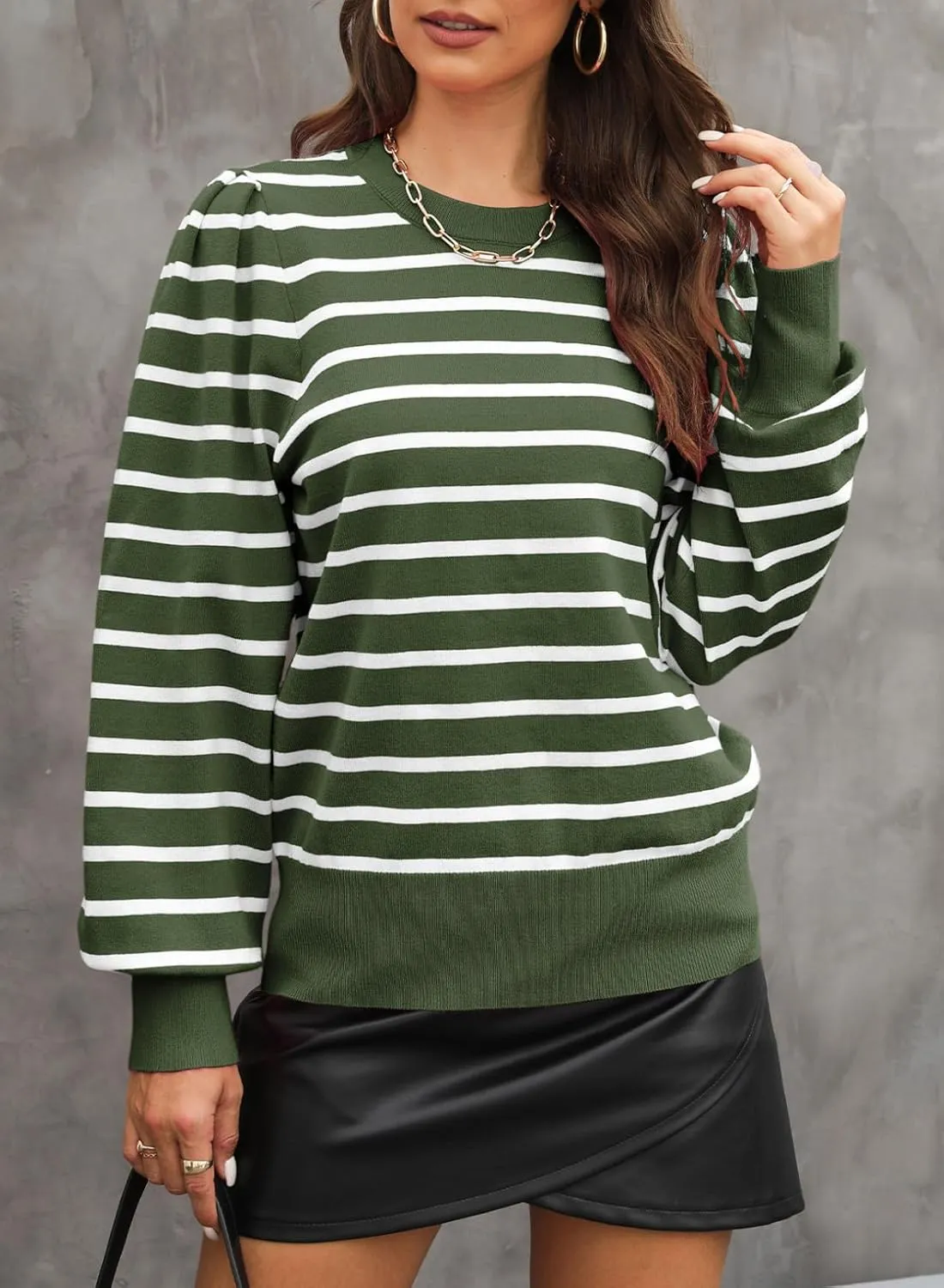 Dokotoo Women's Striped Sweaters Puff Long Sleeve Crewneck Ribbed Knit Pullover Jumper Tops