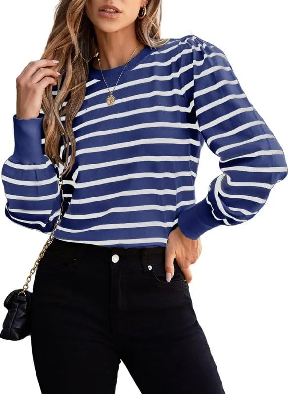 Dokotoo Women's Striped Sweaters Puff Long Sleeve Crewneck Ribbed Knit Pullover Jumper Tops