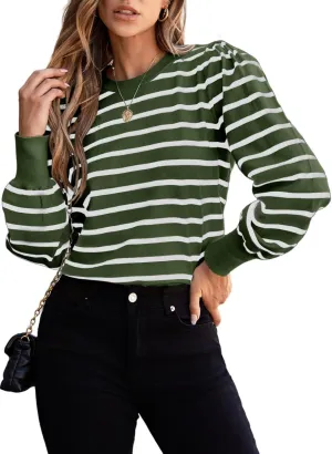 Dokotoo Women's Striped Sweaters Puff Long Sleeve Crewneck Ribbed Knit Pullover Jumper Tops