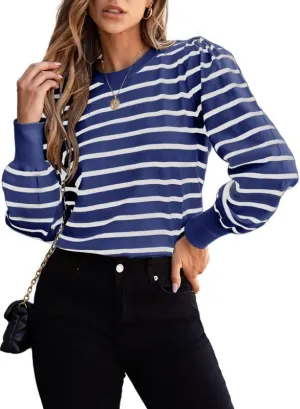 Dokotoo Women's Striped Sweaters Puff Long Sleeve Crewneck Ribbed Knit Pullover Jumper Tops