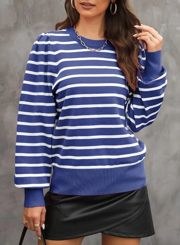 Dokotoo Women's Striped Sweaters Puff Long Sleeve Crewneck Ribbed Knit Pullover Jumper Tops