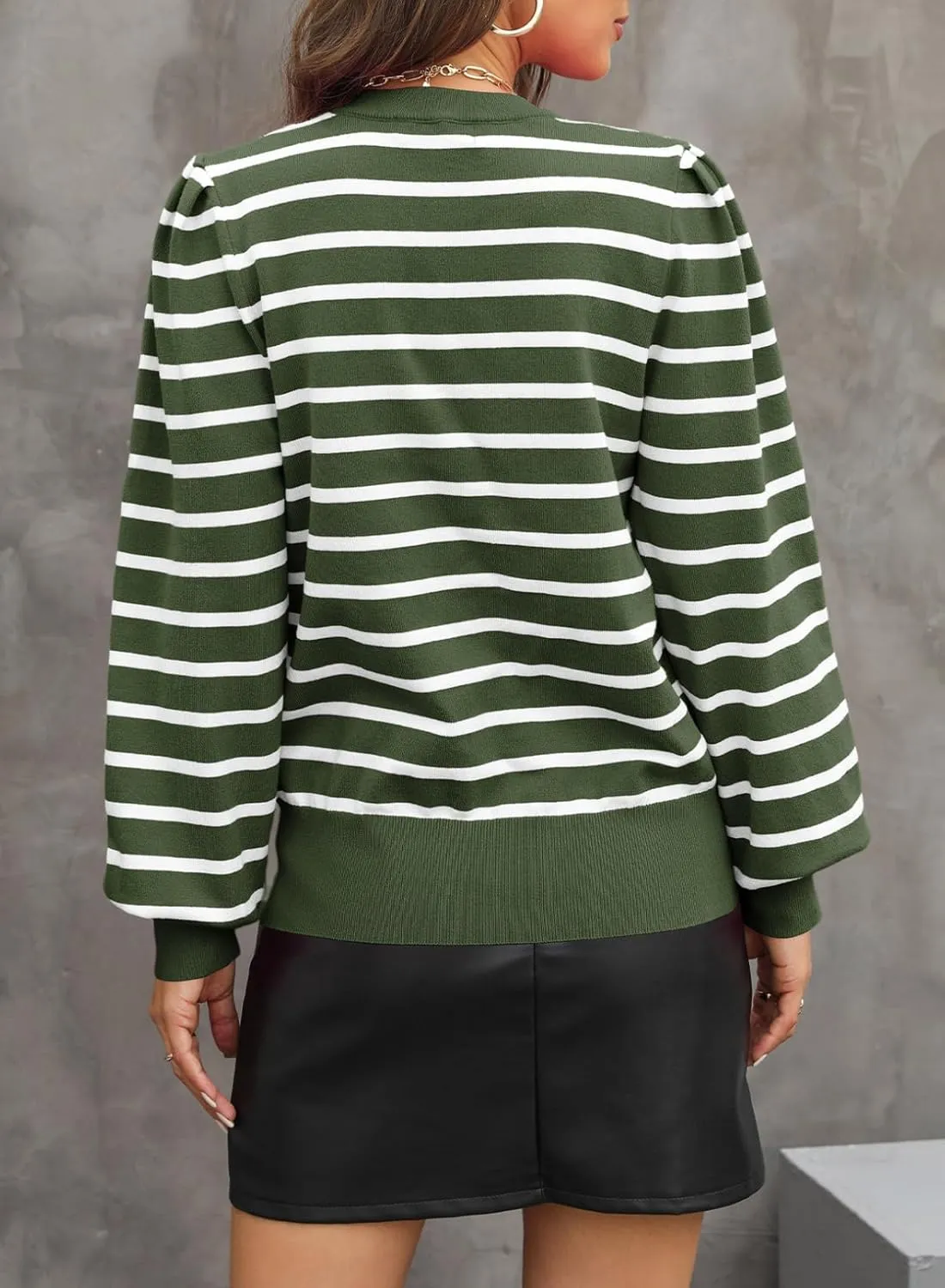 Dokotoo Women's Striped Sweaters Puff Long Sleeve Crewneck Ribbed Knit Pullover Jumper Tops