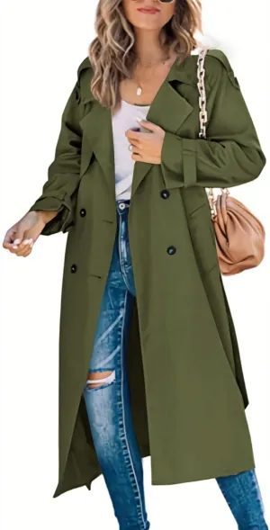 ebossy Women's Double Breasted Mid-Long Trench Coat Casual Slim Notch Lapel Overcoat Windbreaker with Belt