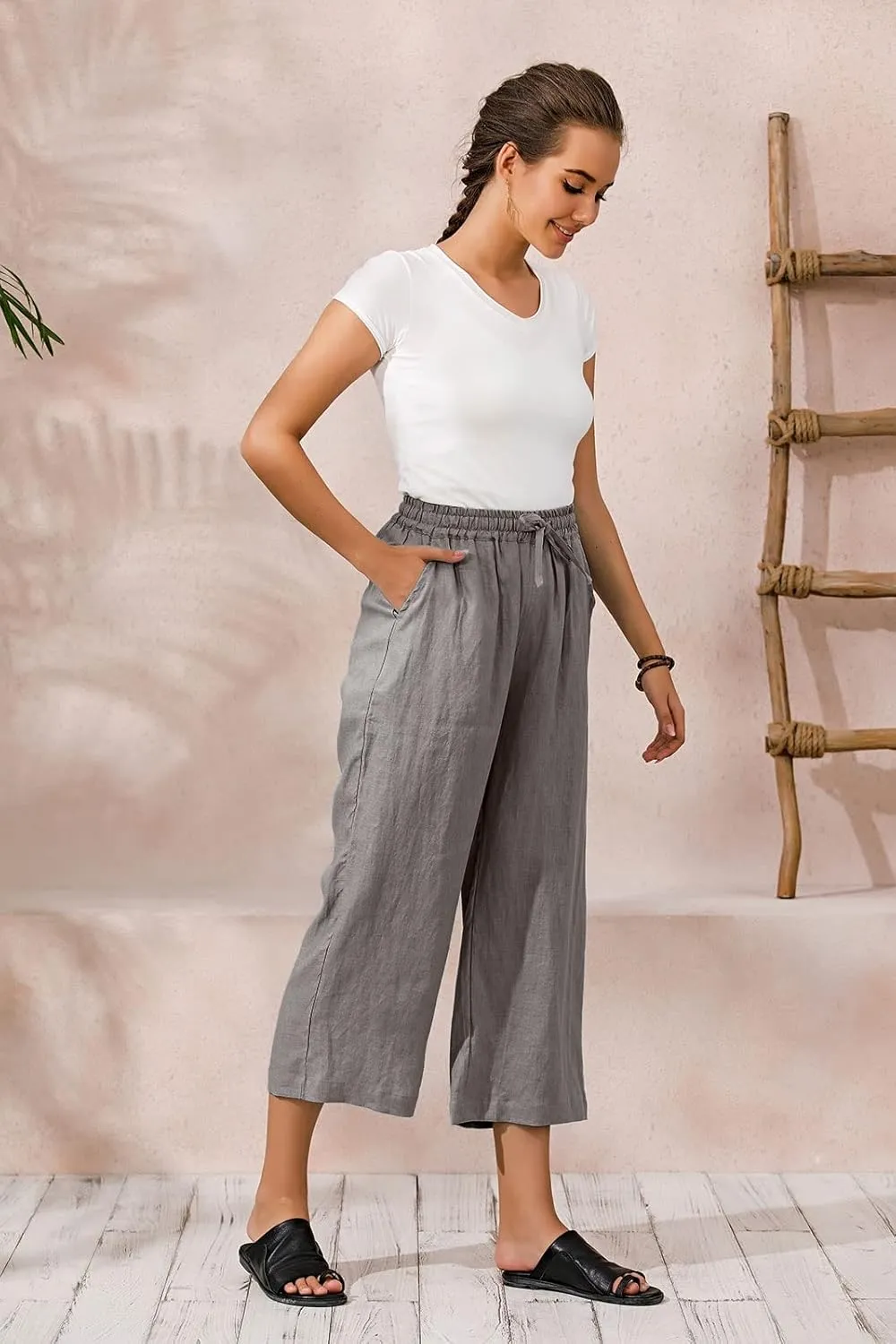 ECUPPER Womens Linen Cropped Pants Loose Casual Capri Cotton Wide Leg Plus Size Elastic Waist with Drawstring Trouses
