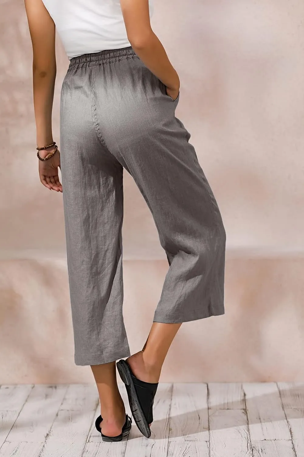 ECUPPER Womens Linen Cropped Pants Loose Casual Capri Cotton Wide Leg Plus Size Elastic Waist with Drawstring Trouses