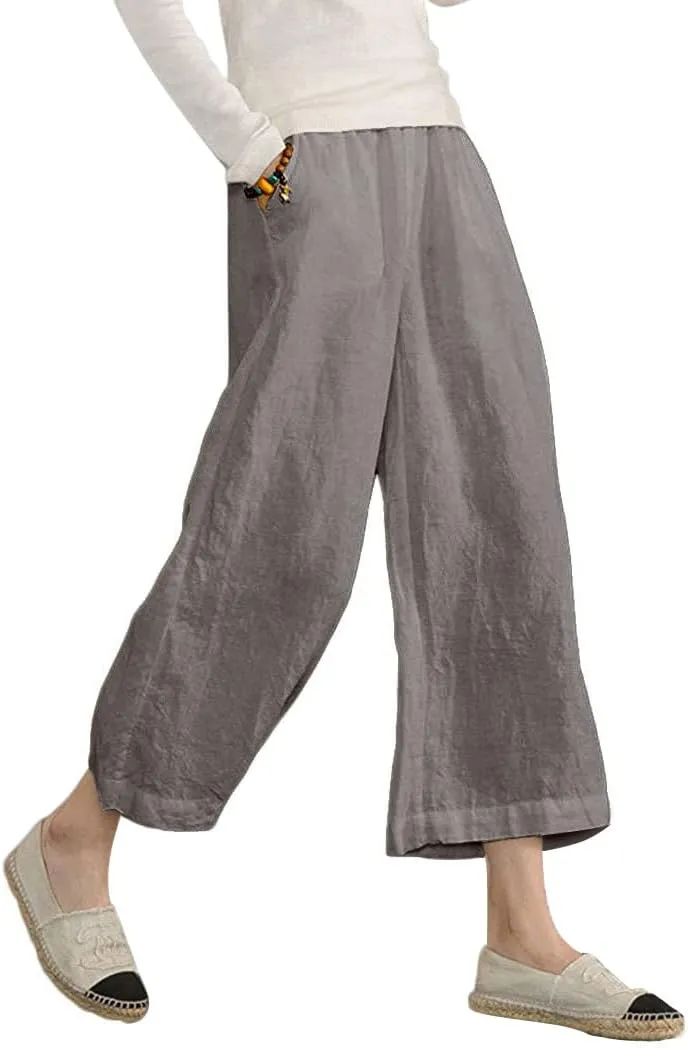 ECUPPER Womens Linen Cropped Pants Loose Casual Capri Cotton Wide Leg Plus Size Elastic Waist with Drawstring Trouses